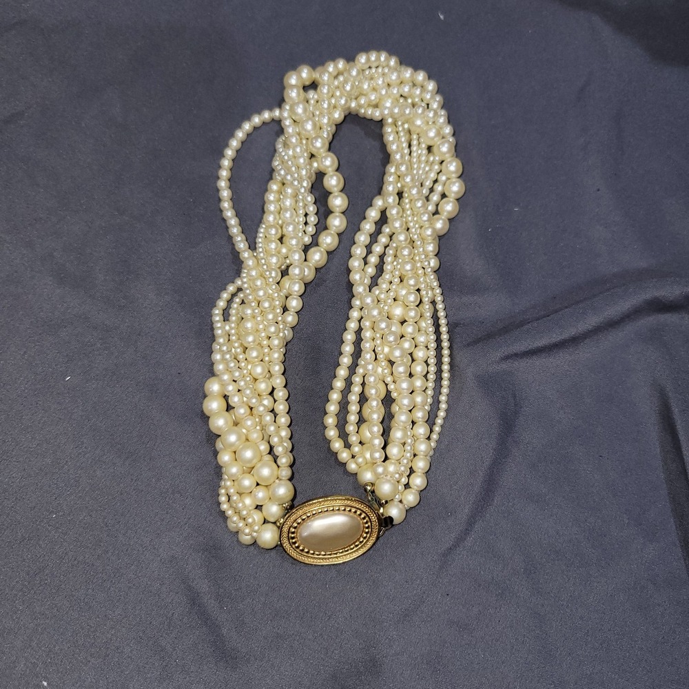 1980's Carolee Signed 10 Strand Ivory White Pearls Choker Statement Necklace Vtg